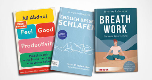 Cover der Bücher Breath Work, Endlich besser schlafen und Feel-Good Productivity