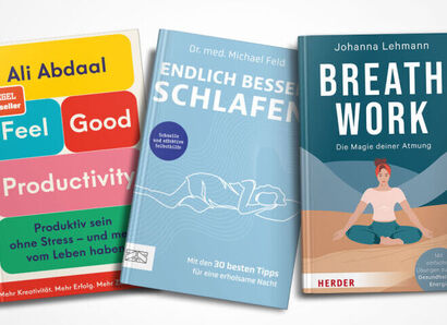 Cover der Bücher Breath Work, Endlich besser schlafen und Feel-Good Productivity